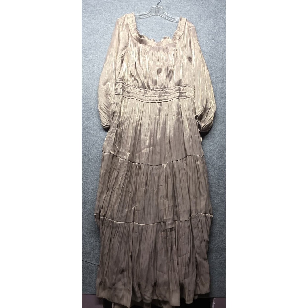 Urban Outfitters Crinkle Pleated Tiered Maxi Dress Taupe Brown Long Sleeve 2X